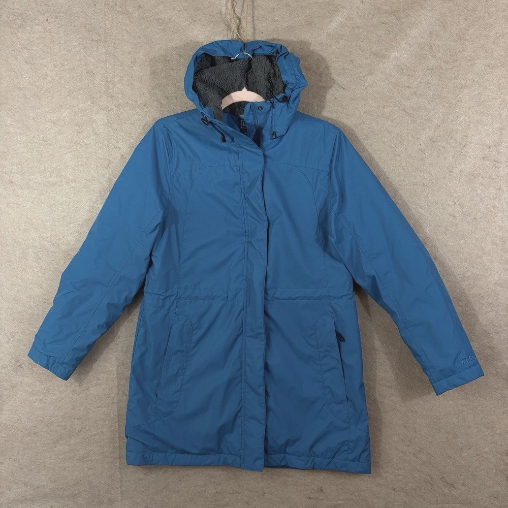LL Bean Winter Warmer Jacket‎ Coat Womens Sz SP Blue Hooded Fleece Quilted Lined